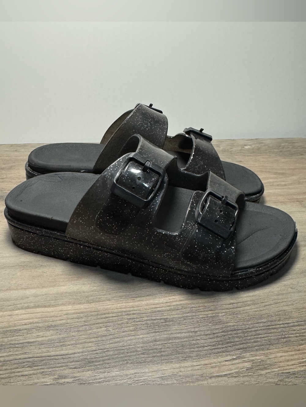 Black Glitter Double-Buckle Slide Sandals